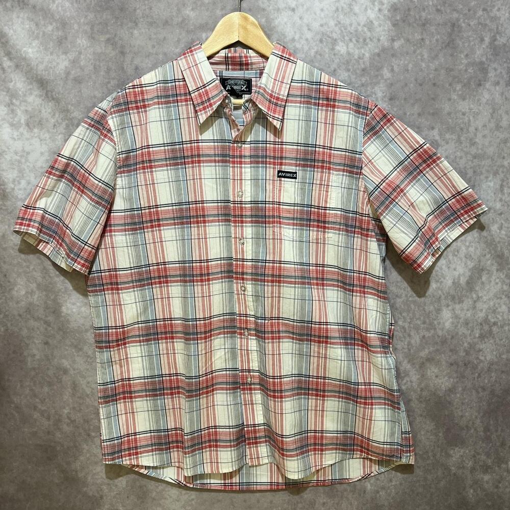 VINTAGE Avirex Streetwear Red Gray Blue Plaid Short Sleeve Button Up size XL